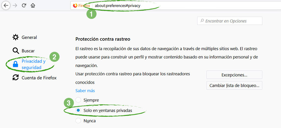 Pantalla de Firefox : Protección contra rastreo